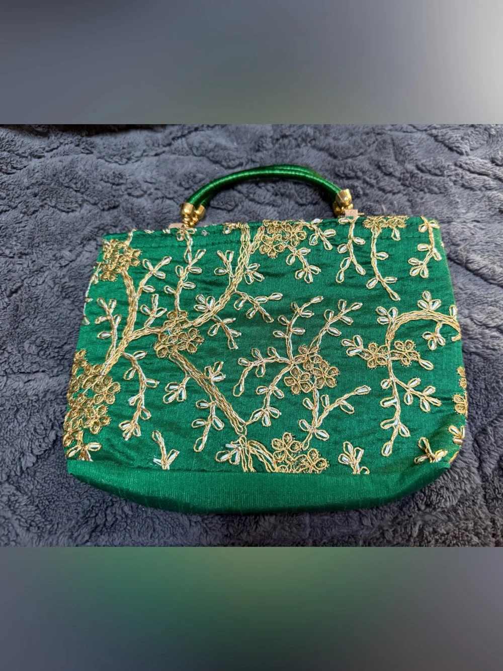 Green Embroidered Evening Bag with Gold Accents 7 x 9”